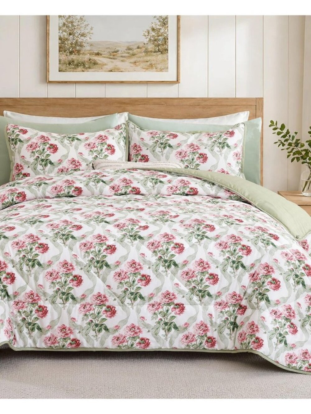 French Country Floral Cotton Queen Comforter Set 3 Piece - Blush Peony Botanical